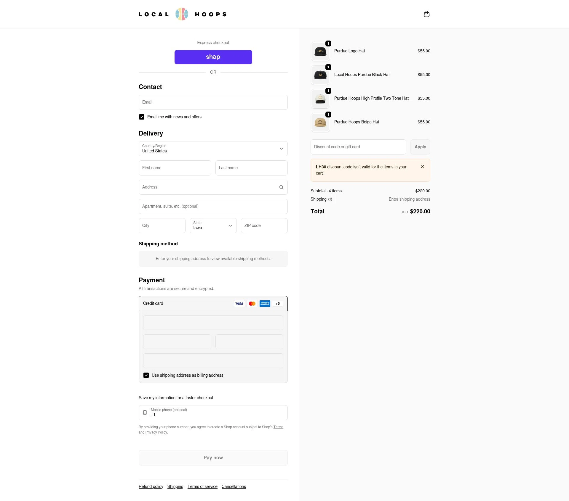 Local Hoops checkout page showing Local Hoops discount code box | Screenshot taken by SimplyCodes community member on Feb 4, 2026
