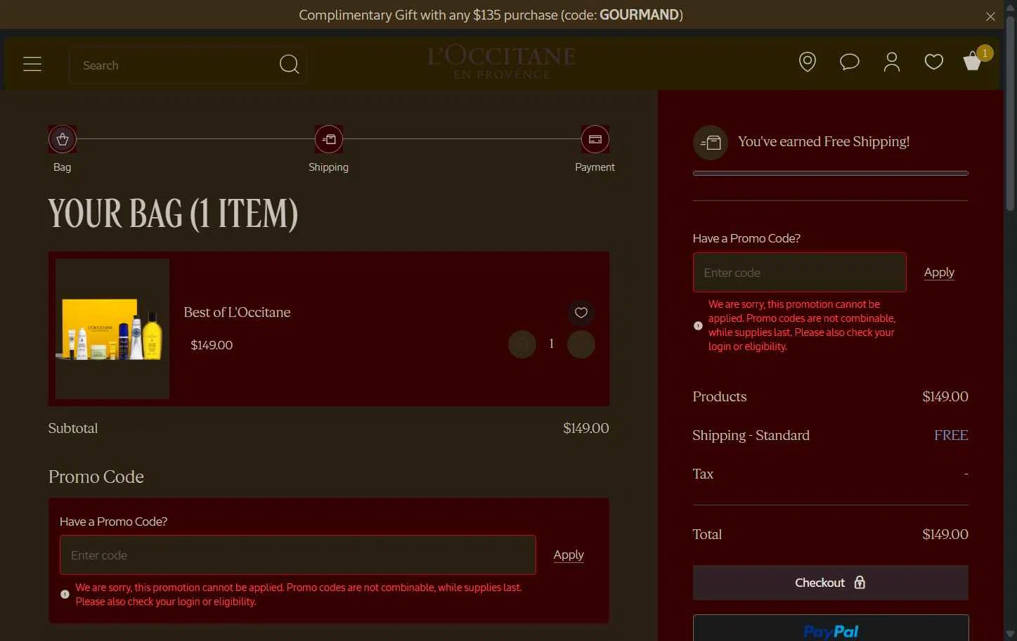Verification screenshot for Free Shipping Storewide at L'Occitane - 40d ago