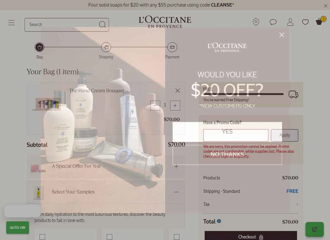 Verification screenshot for Free Shipping Storewide at L'Occitane — 41d ago