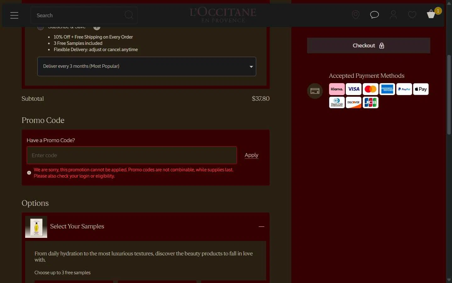 Verification screenshot for Free Body Care on (storewide) (minimum Order: $105) at L'occitane Storewide at L'Occitane - 38d ago
