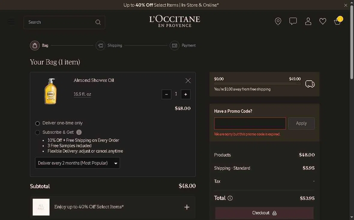 Verification screenshot for Almond and Inmortelle Essential Gift Set Storewide (minimum Order $135) at L'Occitane — 5mo ago