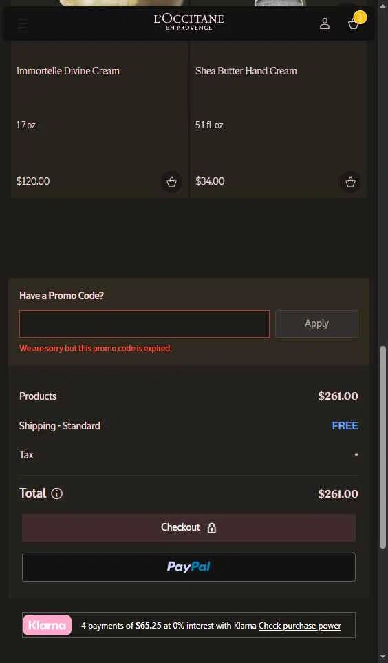 Verification screenshot for Free Gift Select Items (minimum Order $200) at L'Occitane — 59d ago
