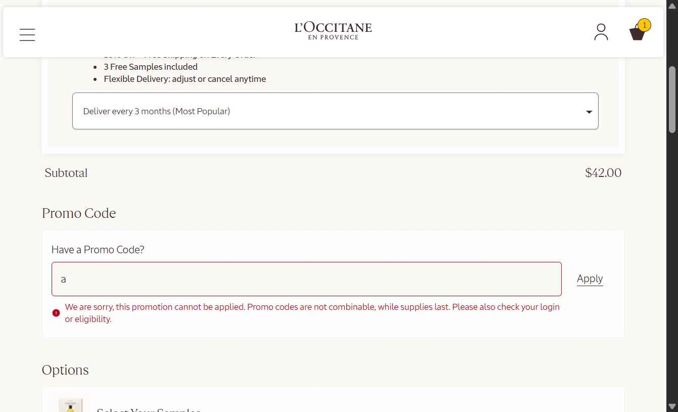 Verification screenshot for Free Body Care on (storewide) (minimum Order: $105) at L'occitane Storewide at L'Occitane - 38d ago