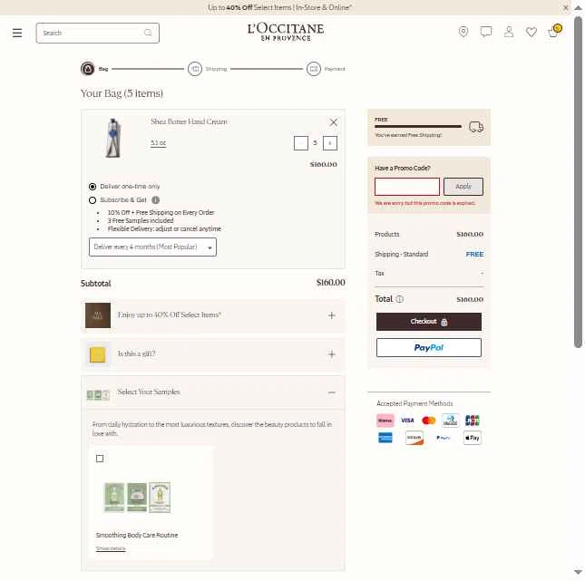 Verification screenshot for Almond and Inmortelle Essential Gift Set Storewide (minimum Order $135) at L'Occitane — 5mo ago