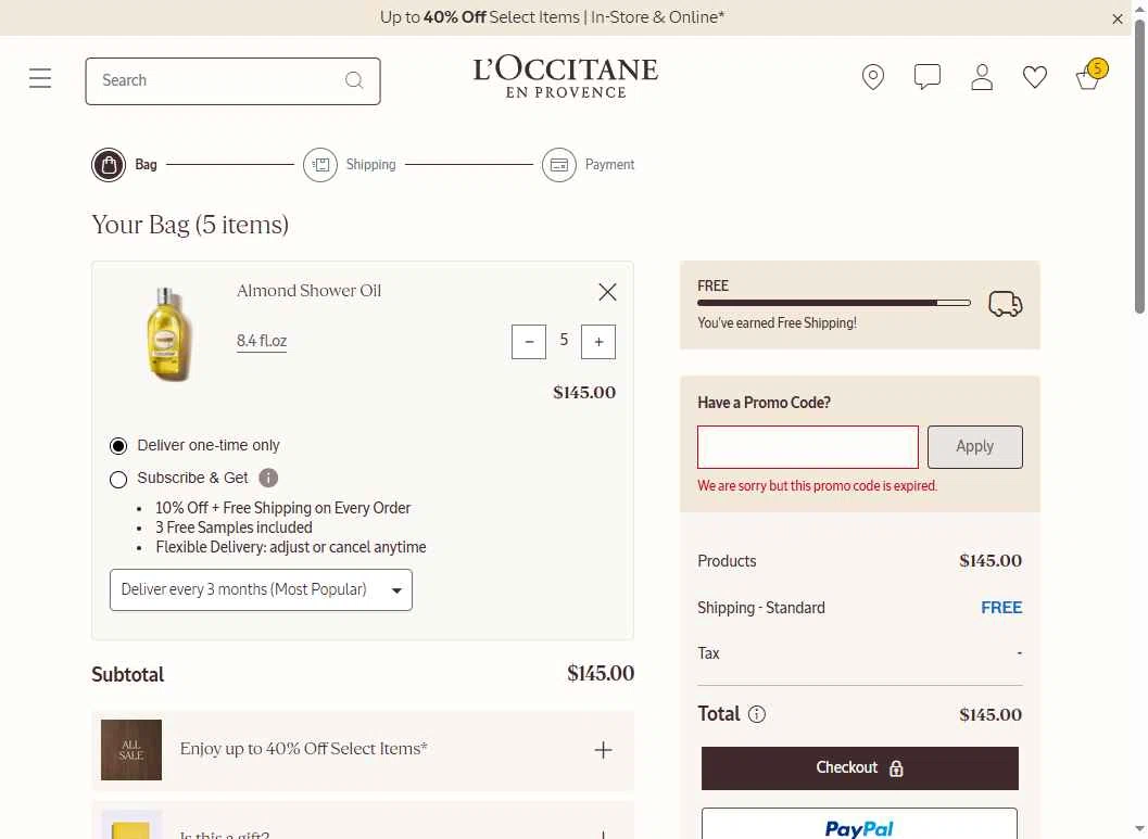 Verification screenshot for Almond and Inmortelle Essential Gift Set Storewide (minimum Order $135) at L'Occitane — 5mo ago