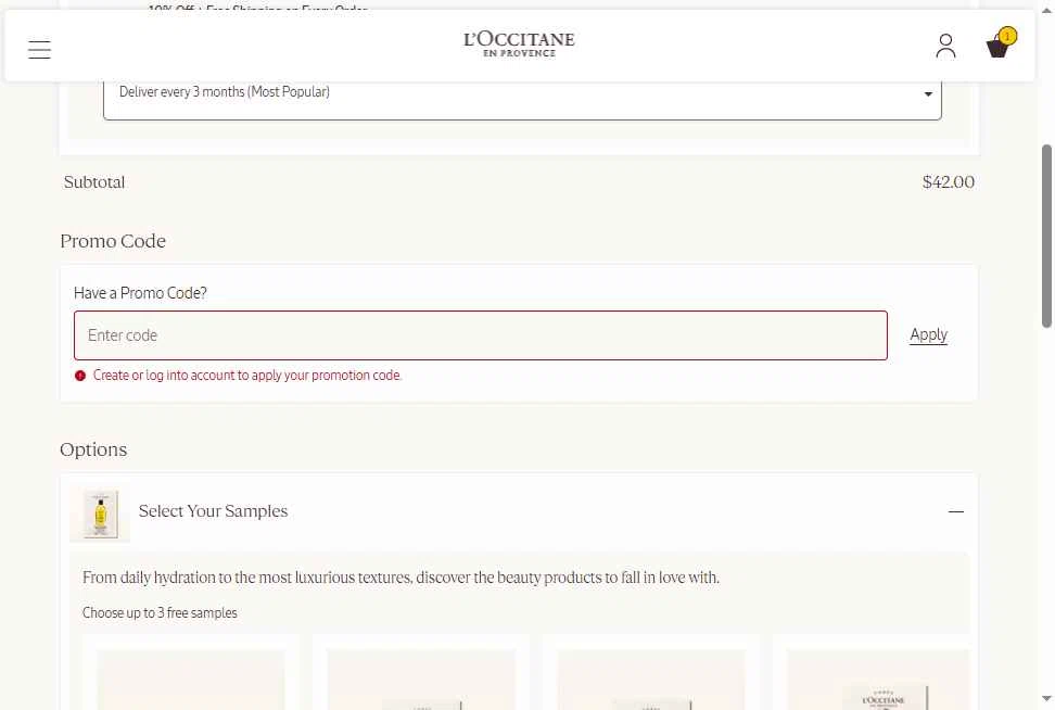 Verification screenshot for Free Gift Storewide (minimum Order $60) (members Only) at L'Occitane - 3d ago