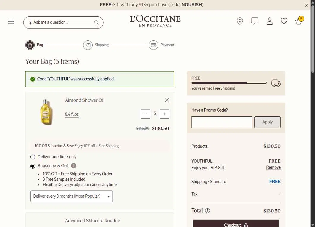 L'Occitane checkout page showing L'Occitane discount code box | Screenshot taken by SimplyCodes community member on Feb 14, 2026