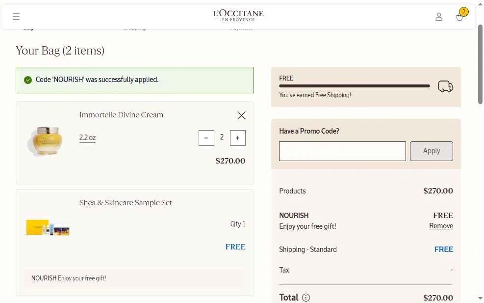 L'Occitane checkout page showing L'Occitane discount code box | Screenshot taken by SimplyCodes community member on Jan 12, 2026