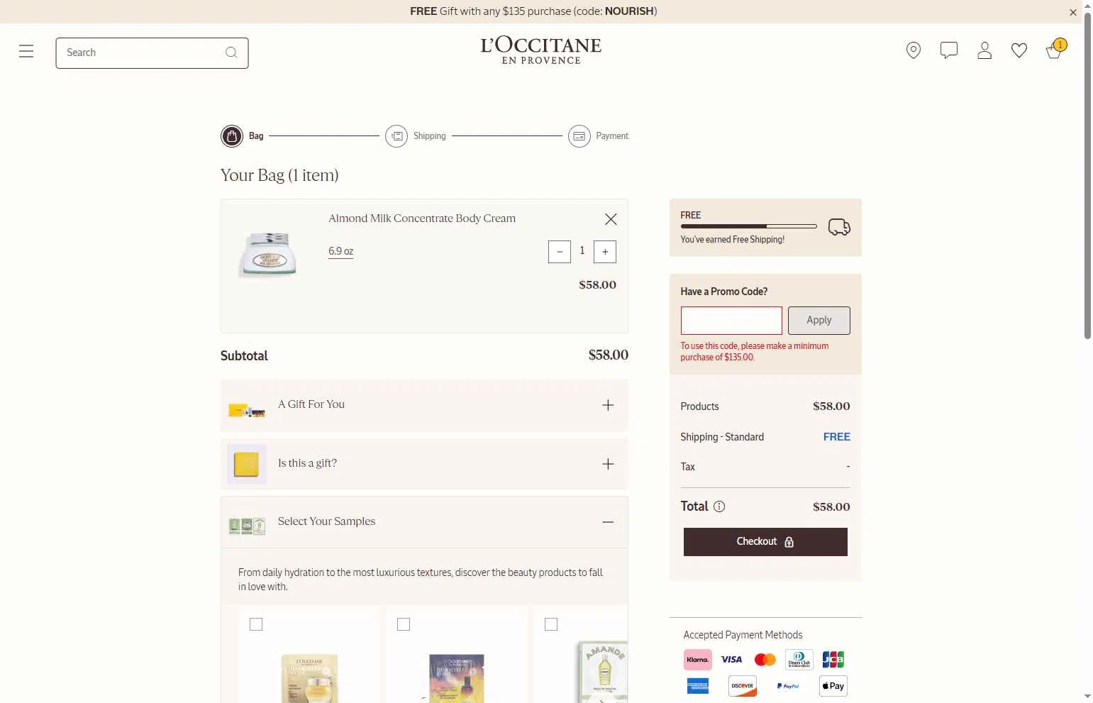 L'Occitane checkout page showing L'Occitane discount code box | Screenshot taken by SimplyCodes community member on Jan 24, 2026