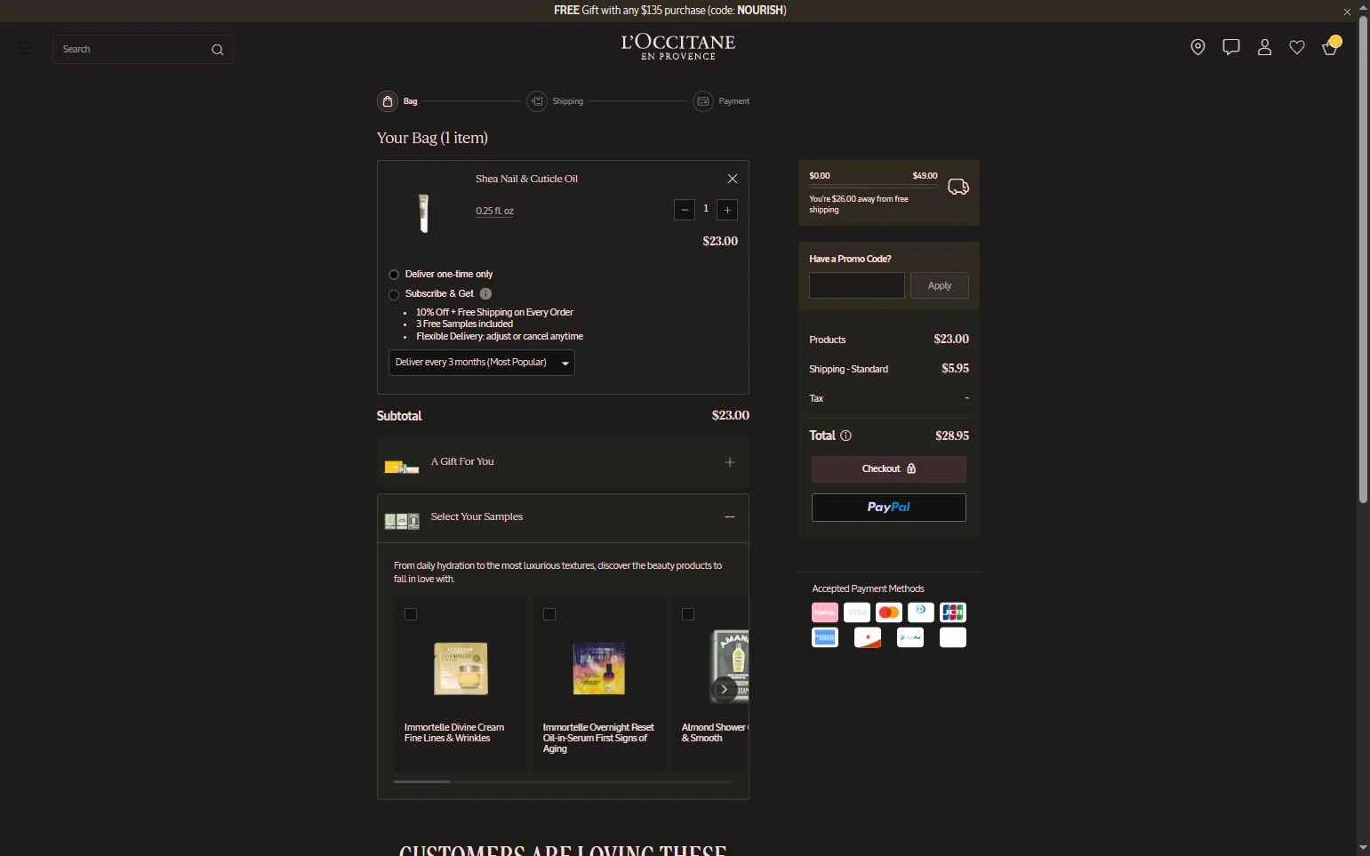 L'Occitane checkout page showing L'Occitane discount code box | Screenshot taken by SimplyCodes community member on Feb 10, 2026