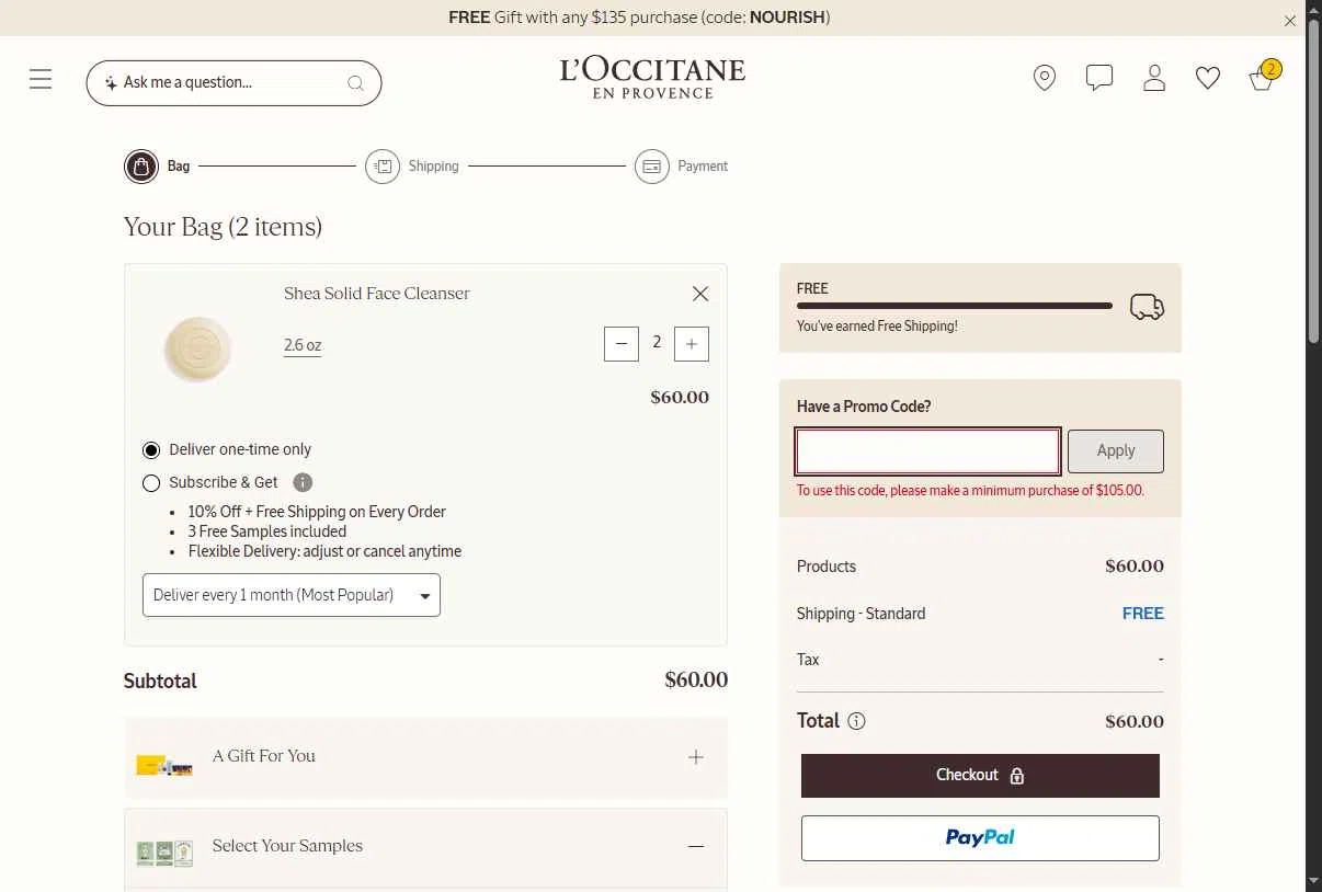 L'Occitane checkout page showing L'Occitane discount code box | Screenshot taken by SimplyCodes community member on Feb 14, 2026