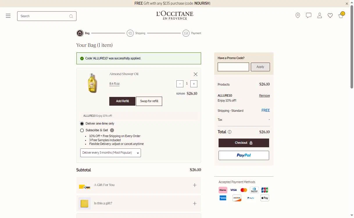 L'Occitane checkout page showing L'Occitane discount code box | Screenshot taken by SimplyCodes community member on Jan 22, 2026