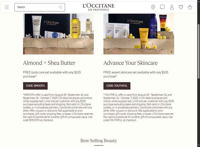 L'Occitane checkout page showing L'Occitane discount code box | Screenshot taken by SimplyCodes community member on Sep 15, 2025