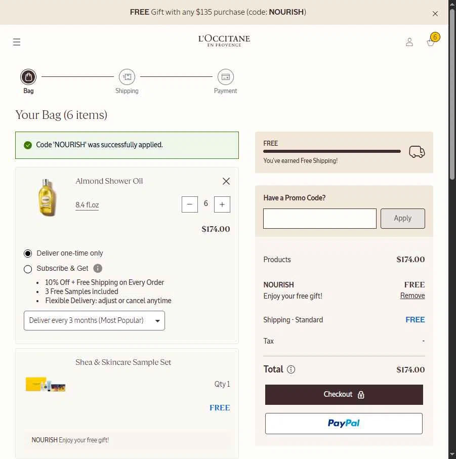 L'Occitane checkout page showing L'Occitane discount code box | Screenshot taken by SimplyCodes community member on Feb 11, 2026