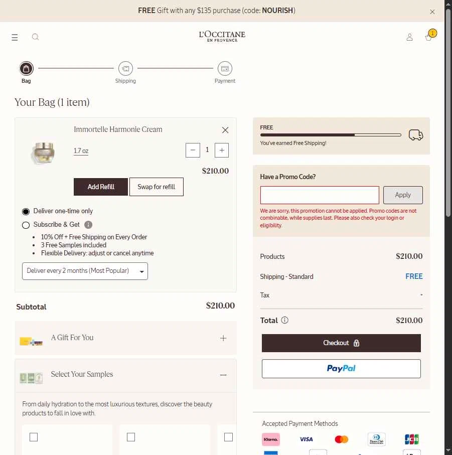 L'Occitane checkout page showing L'Occitane discount code box | Screenshot taken by SimplyCodes community member on Feb 21, 2026
