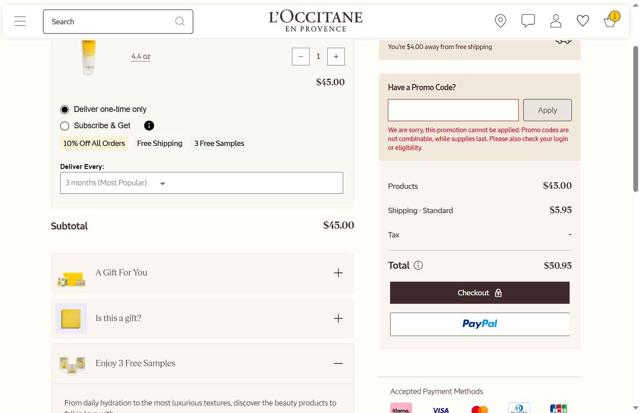 L'Occitane checkout page showing L'Occitane discount code box | Screenshot taken by SimplyCodes community member on Aug 20, 2025