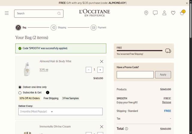 L'Occitane checkout page showing L'Occitane discount code box | Screenshot taken by SimplyCodes community member on Aug 27, 2025