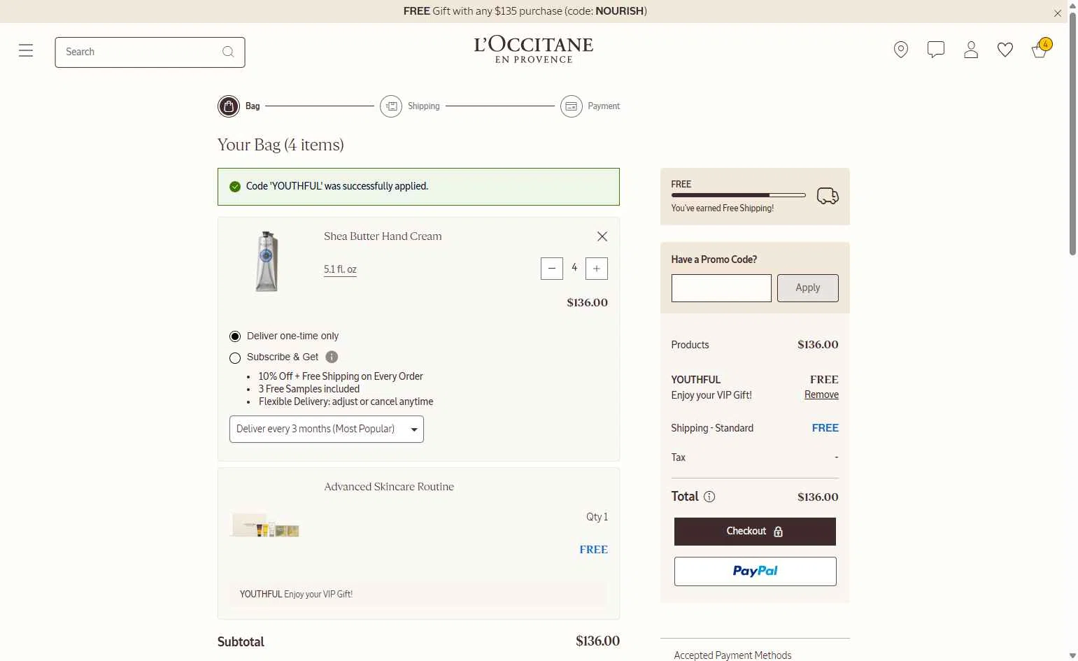 L'Occitane checkout page showing L'Occitane discount code box | Screenshot taken by SimplyCodes community member on Feb 3, 2026