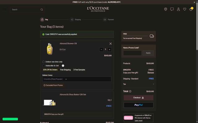 L'Occitane checkout page showing L'Occitane discount code box | Screenshot taken by SimplyCodes community member on Sep 7, 2025