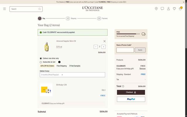 L'Occitane checkout page showing L'Occitane discount code box | Screenshot taken by SimplyCodes community member on Aug 30, 2025