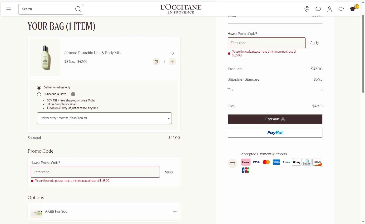 Verification screenshot for Free Gift Storewide at L'Occitane - 8d ago