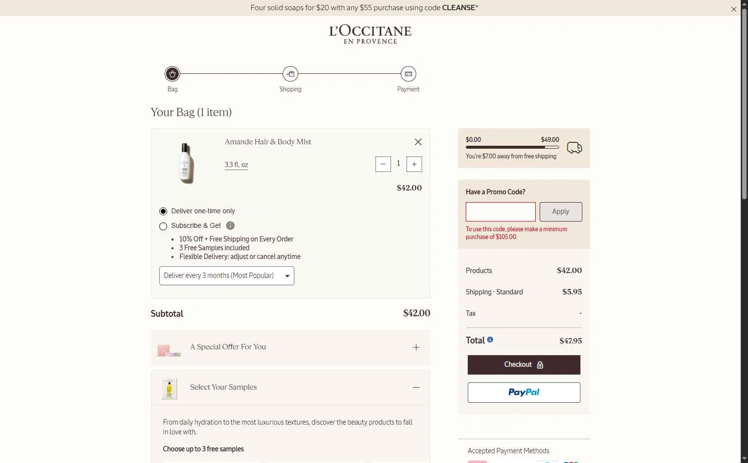 Verification screenshot for Free Body Care On (Storewide) (Minimum Order: $105) At L'occitane Storewide at L'Occitane at L'Occitane — 38d ago