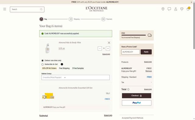 L'Occitane checkout page showing L'Occitane discount code box | Screenshot taken by SimplyCodes community member on Aug 19, 2025