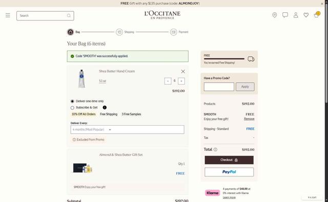 L'Occitane checkout page showing L'Occitane discount code box | Screenshot taken by SimplyCodes community member on Sep 27, 2025