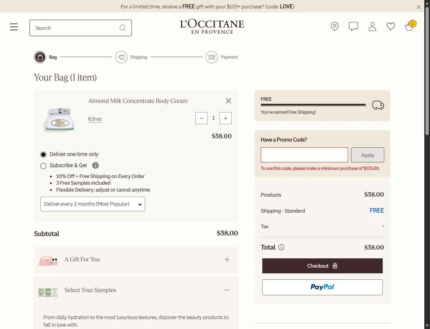 L'Occitane checkout page showing L'Occitane discount code box | Screenshot taken by SimplyCodes community member on Feb 5, 2026