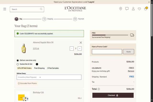 L'Occitane checkout page showing L'Occitane discount code box | Screenshot taken by SimplyCodes community member on Sep 19, 2025