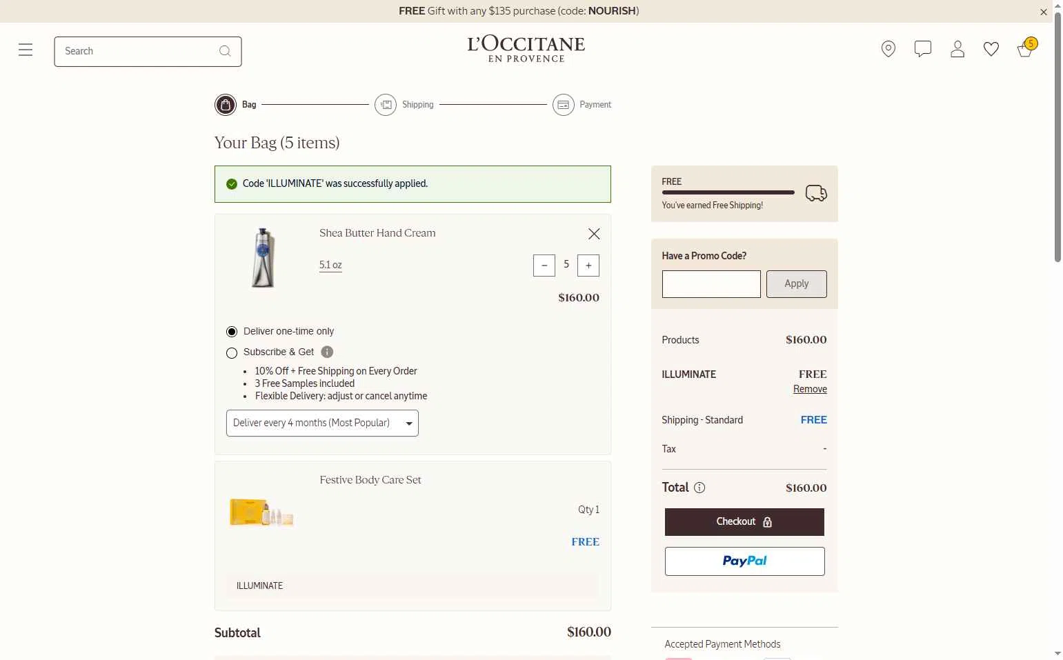 L'Occitane checkout page showing L'Occitane discount code box | Screenshot taken by SimplyCodes community member on Dec 17, 2025