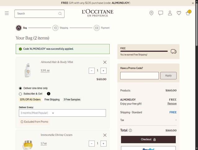 L'Occitane checkout page showing L'Occitane discount code box | Screenshot taken by SimplyCodes community member on Sep 29, 2025