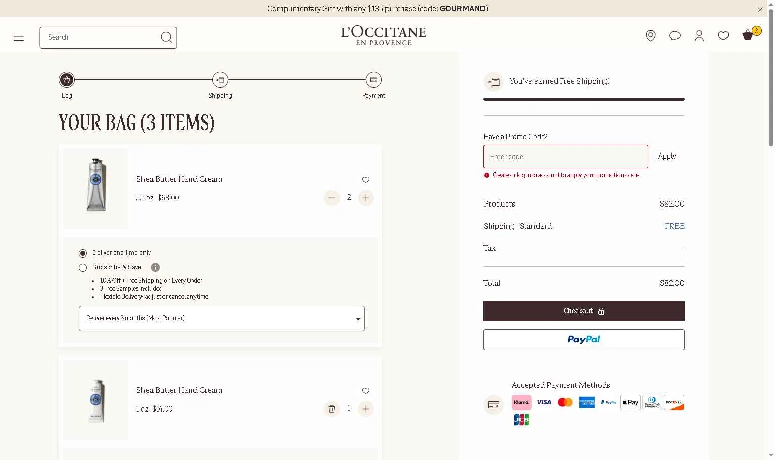 Verification screenshot for Free Gift Storewide (minimum Order $60) (members Only) at L'Occitane - 3d ago