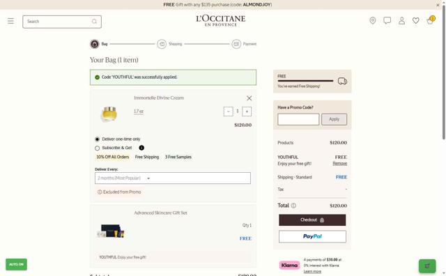 L'Occitane checkout page showing L'Occitane discount code box | Screenshot taken by SimplyCodes community member on Sep 27, 2025