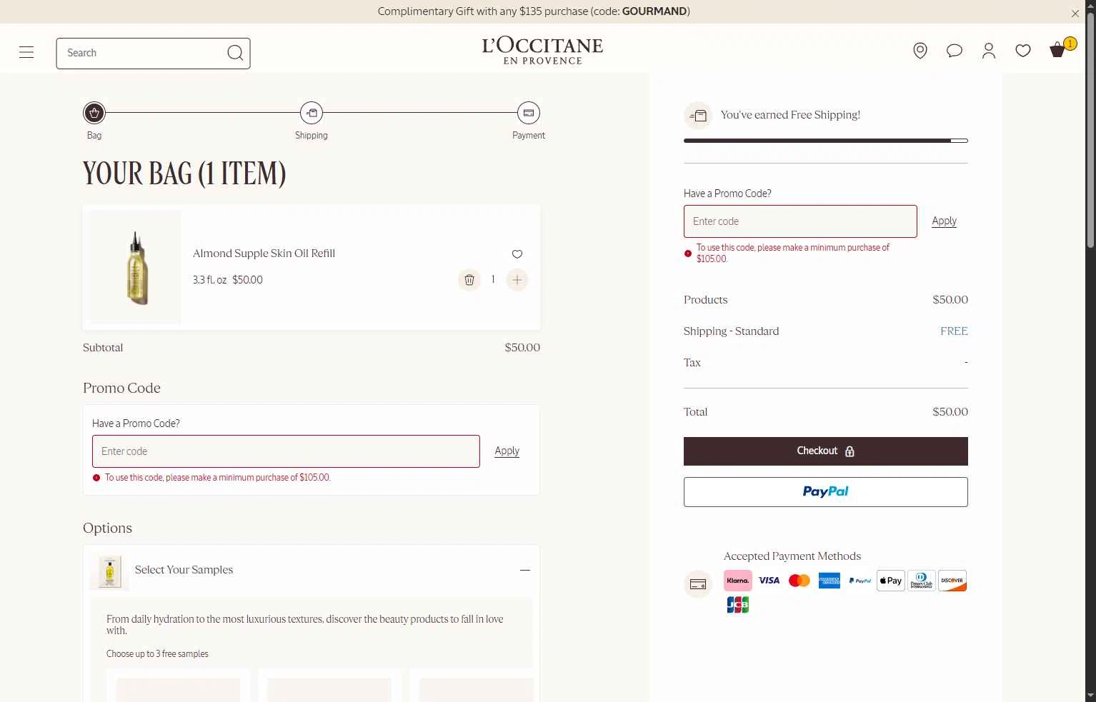 Verification screenshot for Free Body Care on (storewide) (minimum Order: $105) at L'occitane Storewide at L'Occitane - 49d ago