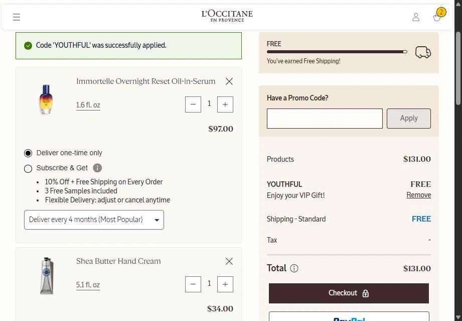 Verification screenshot for Free Gift Select Items (minimum Order $200) at L'Occitane — 2mo ago