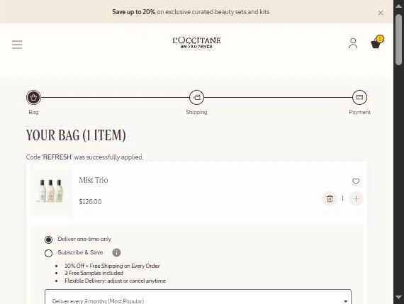 Verification screenshot for $20 Off Storewide at L'Occitane - 4d ago