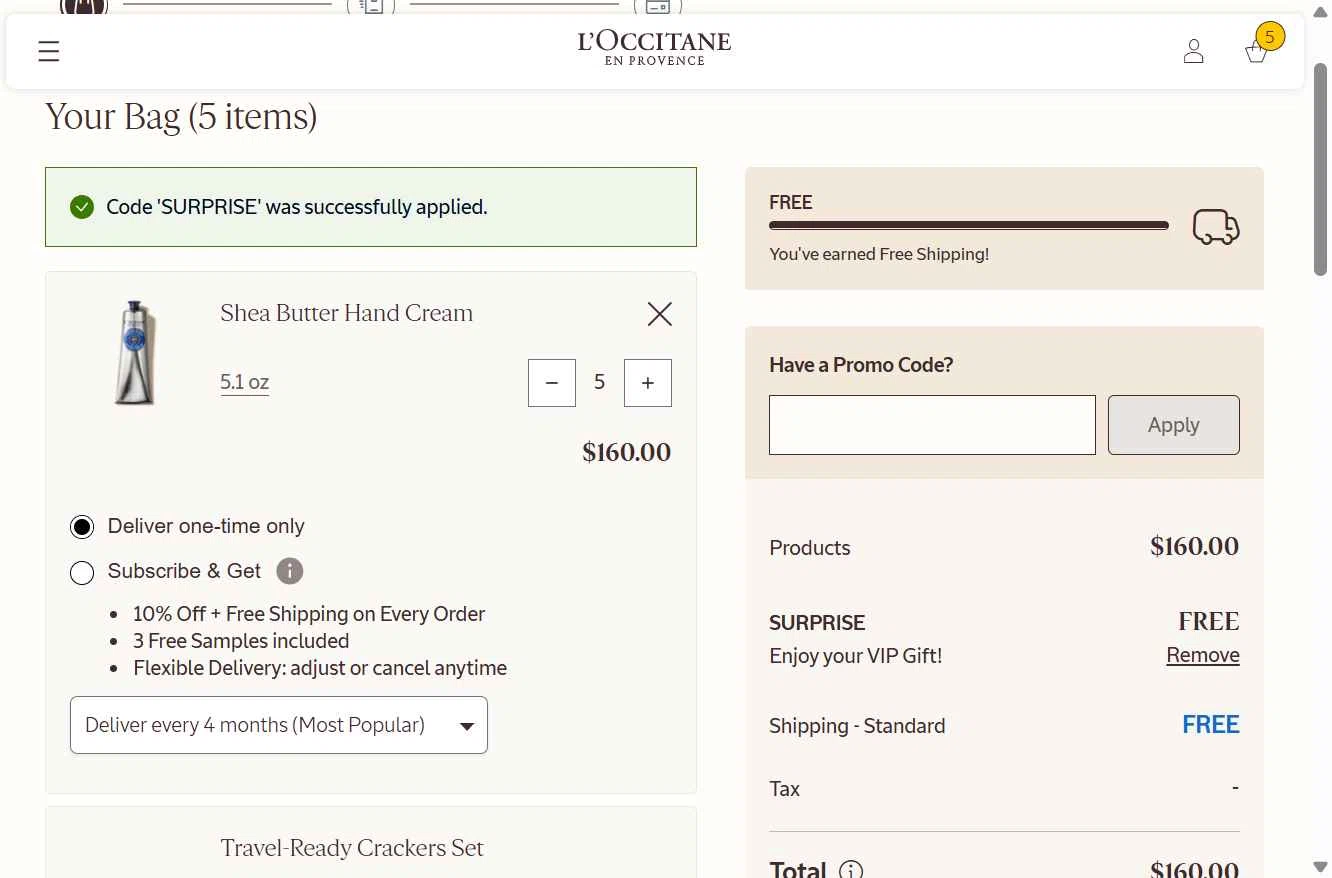 L'Occitane checkout page showing L'Occitane discount code box | Screenshot taken by SimplyCodes community member on Dec 10, 2025