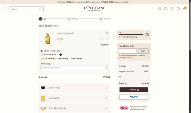 L'Occitane checkout page showing L'Occitane discount code box | Screenshot taken by SimplyCodes community member on Aug 30, 2025