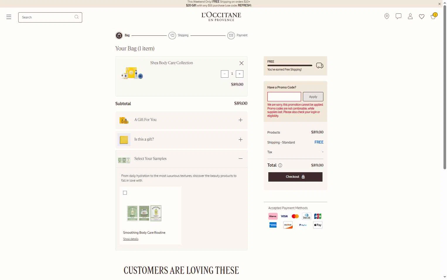 L'Occitane checkout page showing L'Occitane discount code box | Screenshot taken by SimplyCodes community member on Dec 13, 2025