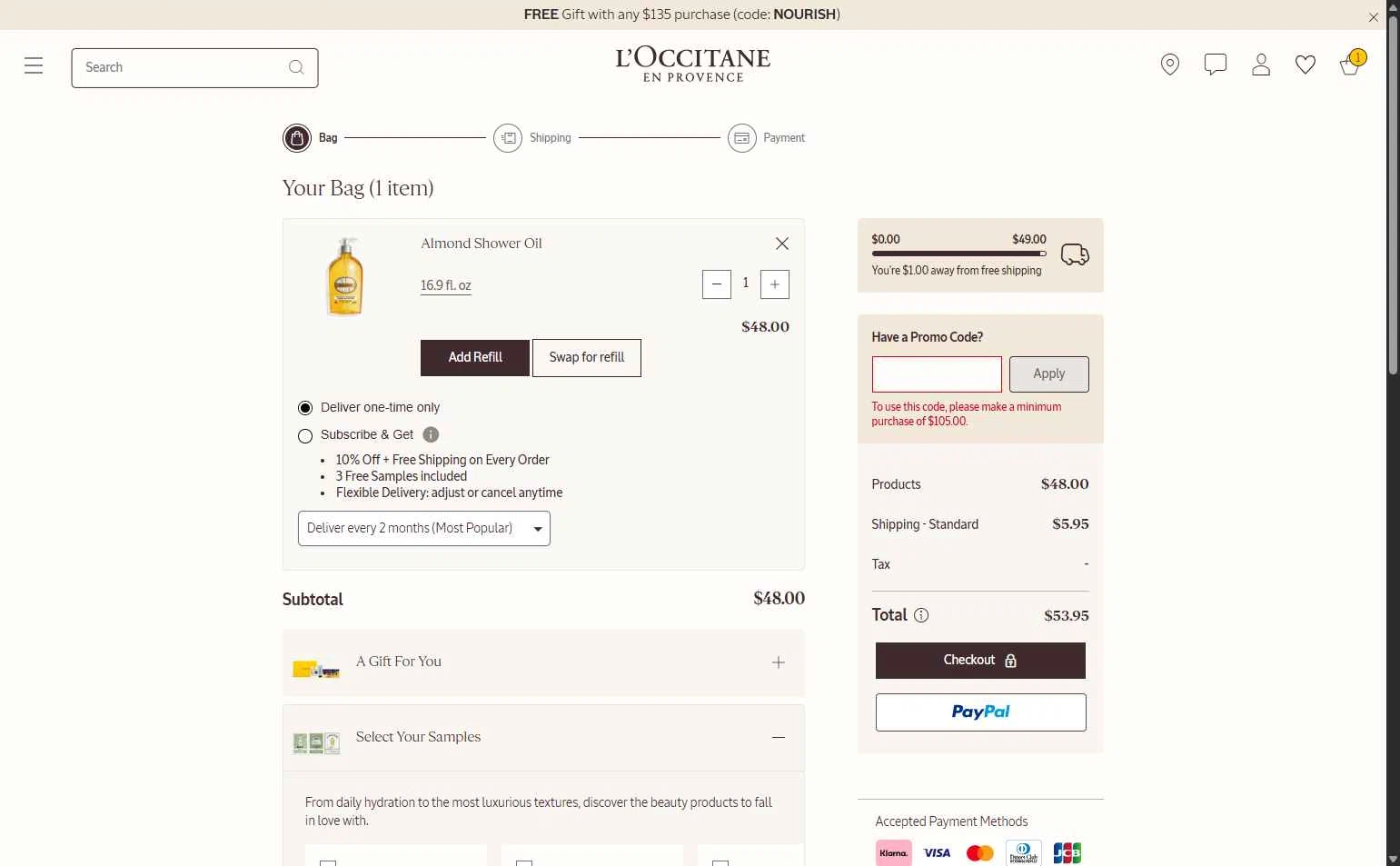 L'Occitane checkout page showing L'Occitane discount code box | Screenshot taken by SimplyCodes community member on Feb 3, 2026