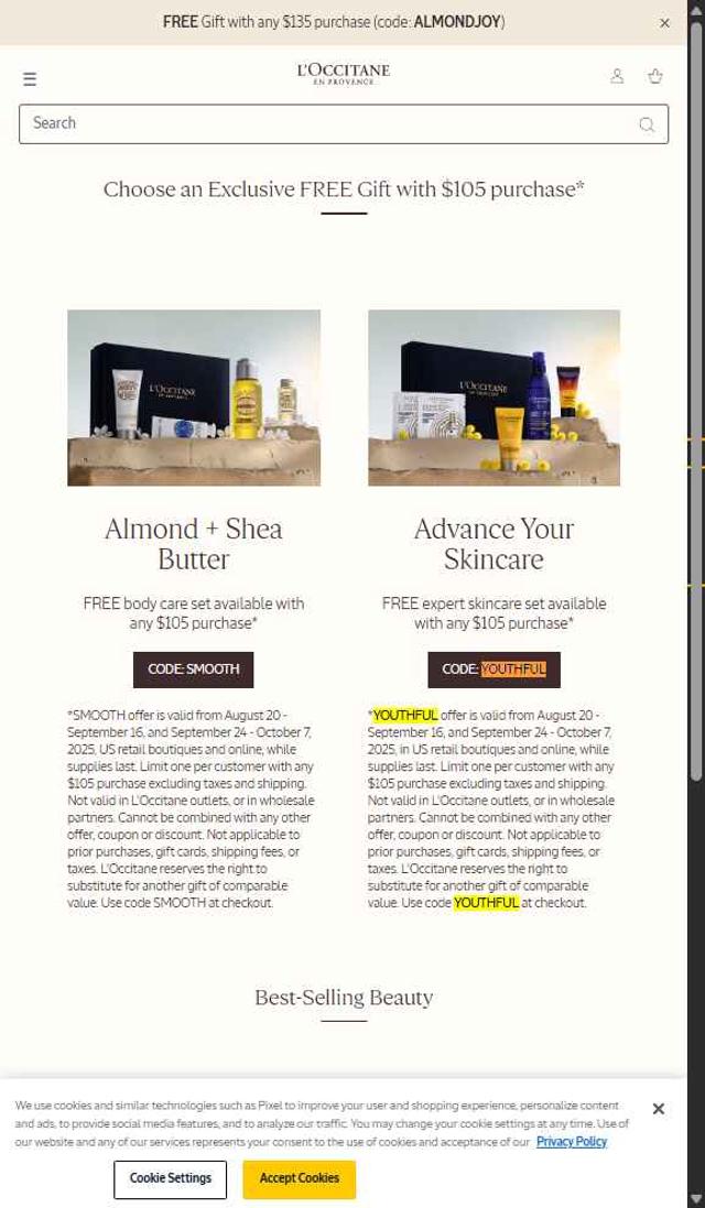 L'Occitane checkout page showing L'Occitane discount code box | Screenshot taken by SimplyCodes community member on Aug 27, 2025
