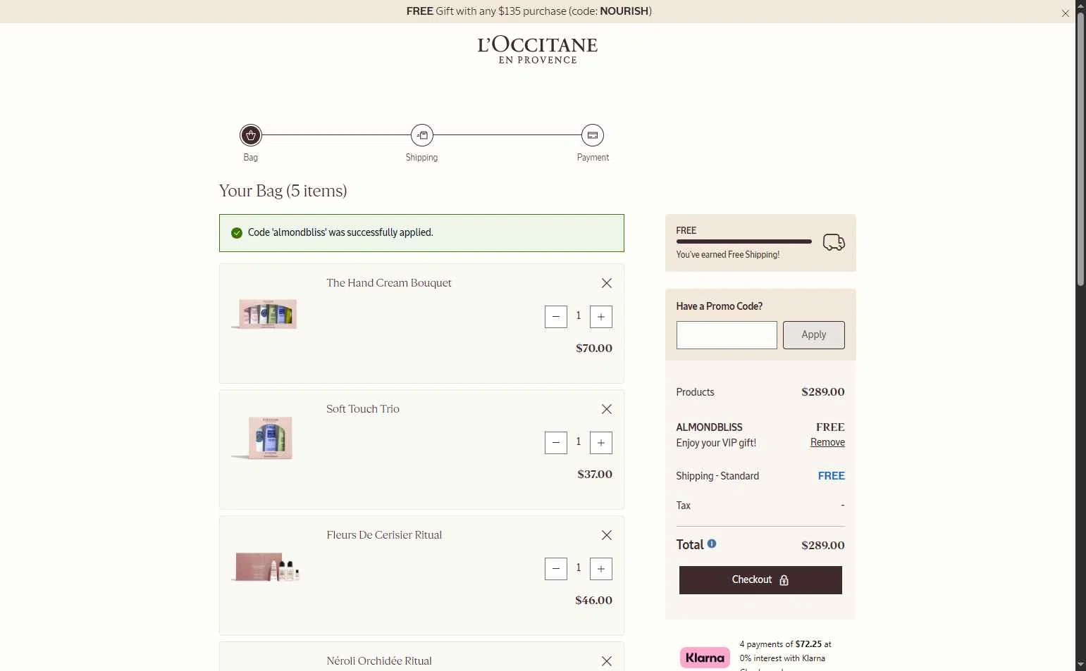 Verification screenshot for Free Body Care On (Storewide) (Minimum Order: $105) At L'occitane Storewide at L'Occitane at L'Occitane — 27d ago