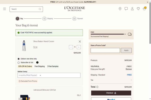 L'Occitane checkout page showing L'Occitane discount code box | Screenshot taken by SimplyCodes community member on Sep 27, 2025