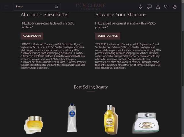 L'Occitane checkout page showing L'Occitane discount code box | Screenshot taken by SimplyCodes community member on Sep 27, 2025