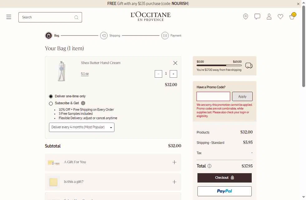 L'Occitane checkout page showing L'Occitane discount code box | Screenshot taken by SimplyCodes community member on Dec 7, 2025