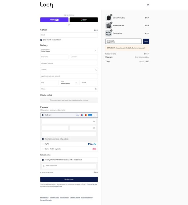 Loch Electronics checkout page showing Loch Electronics promo code box | Screenshot taken by SimplyCodes community member on Mar 2, 2025