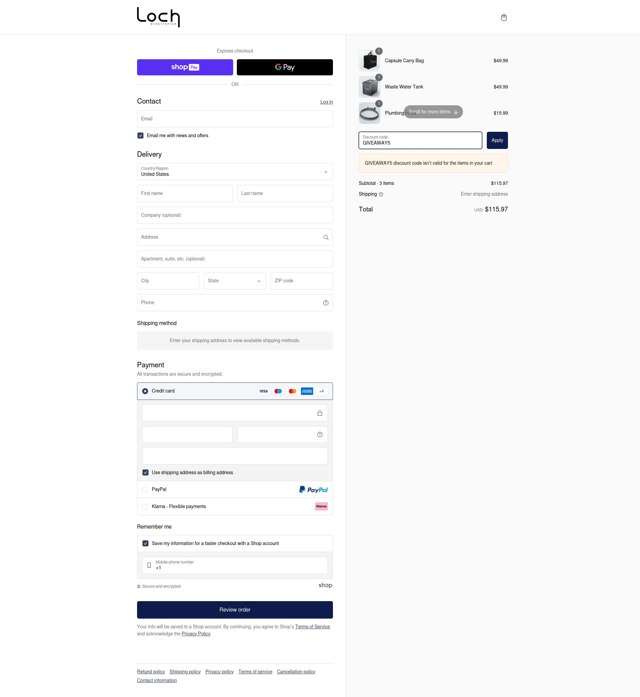 Loch Electronics checkout page showing Loch Electronics promo code box | Screenshot taken by SimplyCodes community member on Mar 1, 2025