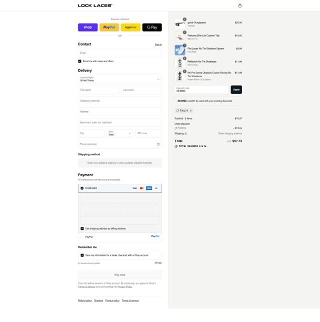 Lock Laces checkout page showing Lock Laces promo code box | Screenshot taken by SimplyCodes community member on Sep 9, 2025