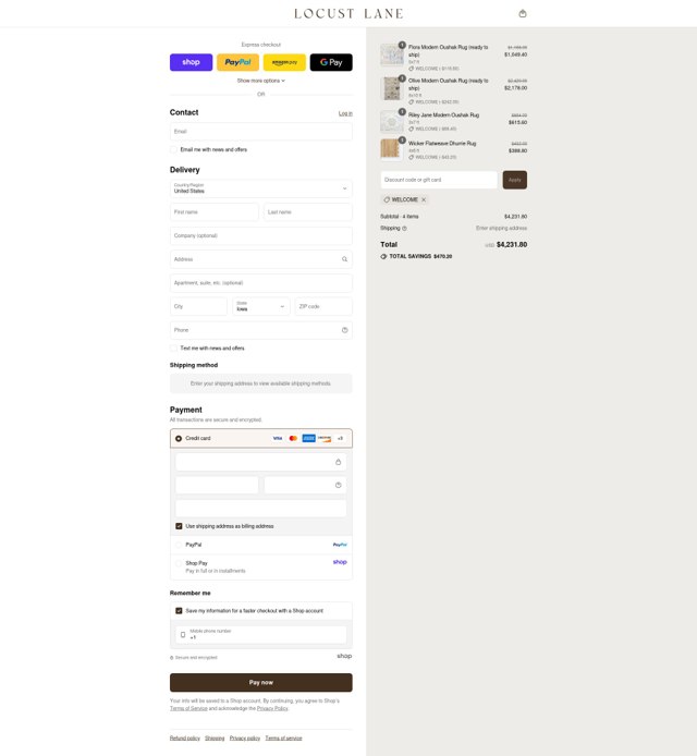 Locust Lane Rugs checkout page showing Locust Lane Rugs promo code box | Screenshot taken by SimplyCodes community member on Sep 2, 2025